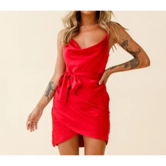 Selfie Leslie Red Sexy Satin Cowl Bebe Mini Dress US XL - Picture 1 of 4